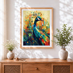 Finished abstract geometric colourful peacock cross stitch artwork displayed