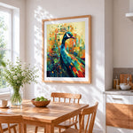 Abstract geometric colourful peacock cross stitch artwork displayed on wall as home decor