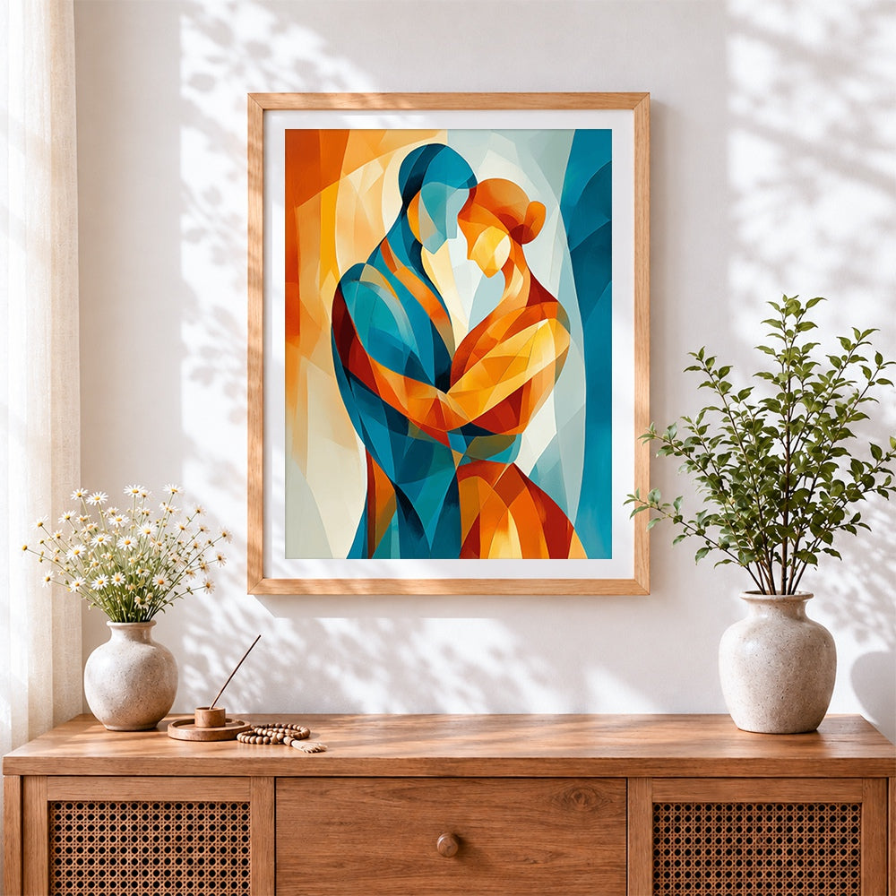 Finished abstract geometric couple cross stitch artwork displayed