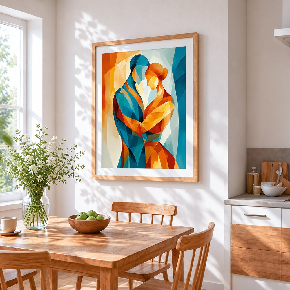 Abstract geometric couple cross stitch artwork displayed on wall as home decor