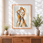 Finished abstract geometric couple dancing cross stitch artwork displayed