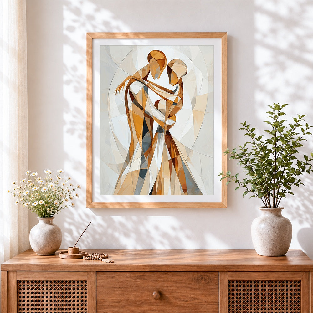Finished abstract geometric couple dancing cross stitch artwork displayed