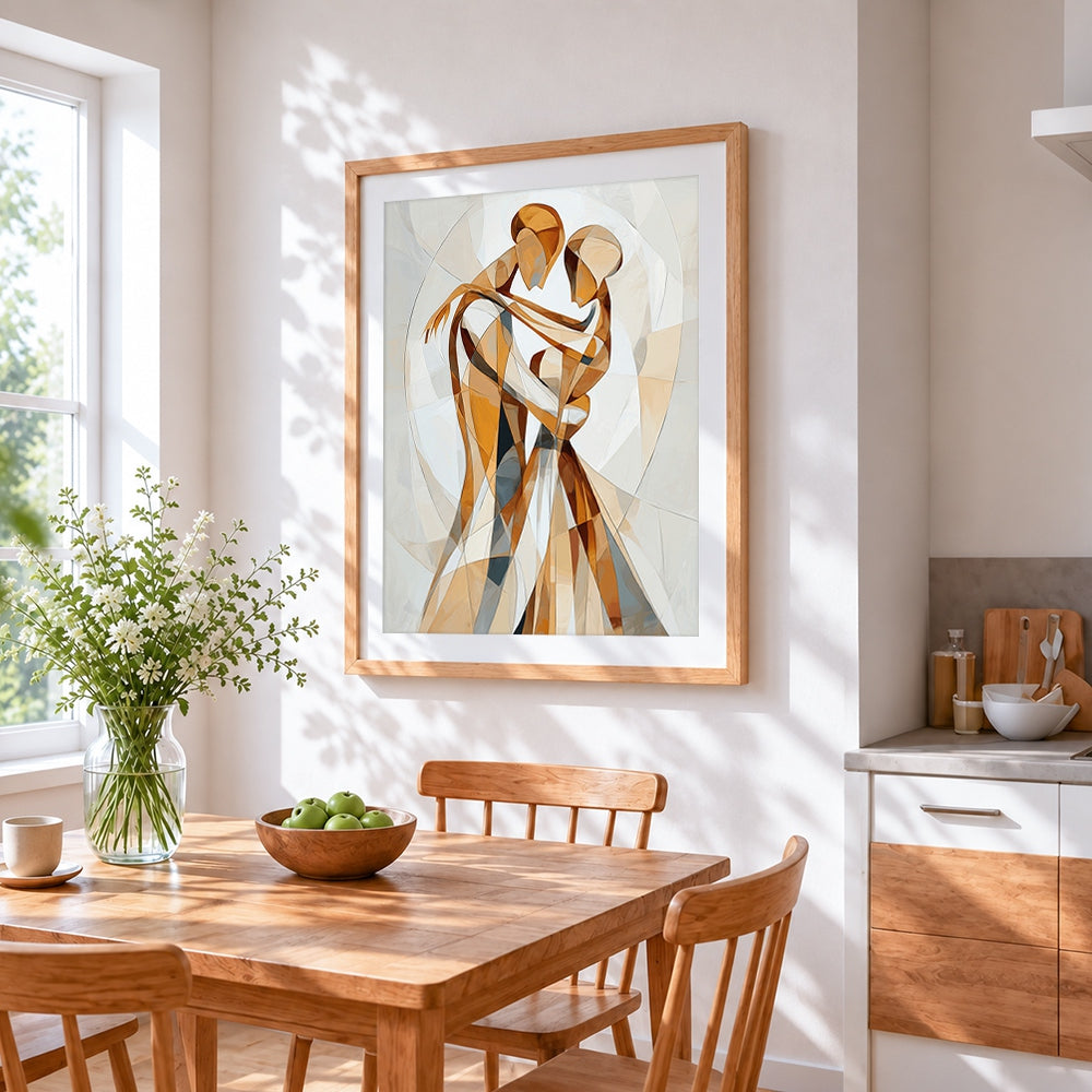 Abstract geometric couple dancing cross stitch artwork displayed on wall as home decor