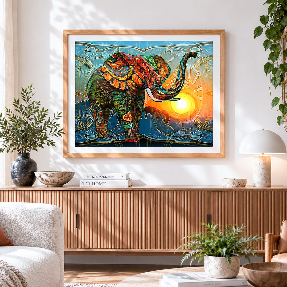 Finished abstract geometric elephant cross stitch artwork displayed