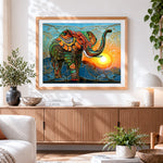 Finished abstract geometric elephant cross stitch artwork displayed