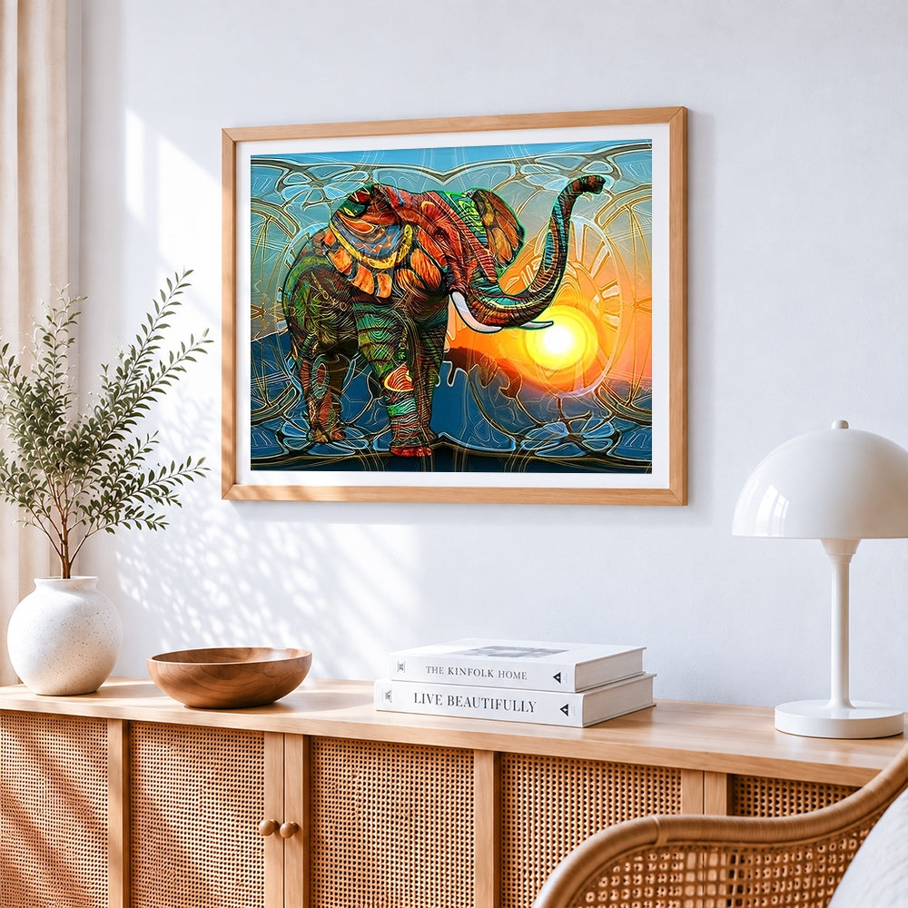 Abstract geometric elephant cross stitch artwork displayed on wall as home decor