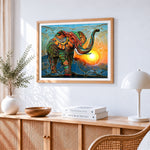 Abstract geometric elephant cross stitch artwork displayed on wall as home decor