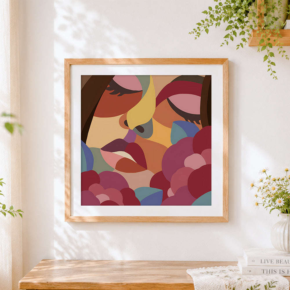 Finished abstract geometric face cross stitch artwork displayed