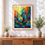 Finished abstract geometric peacock in forest cross stitch artwork displayed
