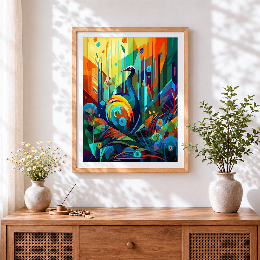 Finished abstract geometric peacock in forest cross stitch artwork displayed