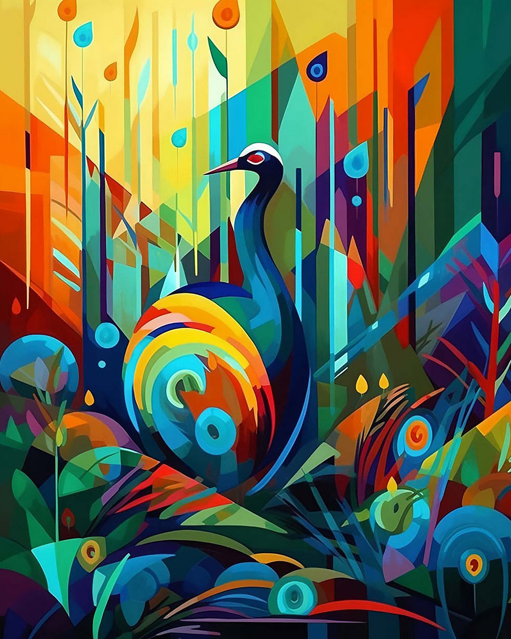 Abstract geometric peacock in forest cross stitch kit for beginners