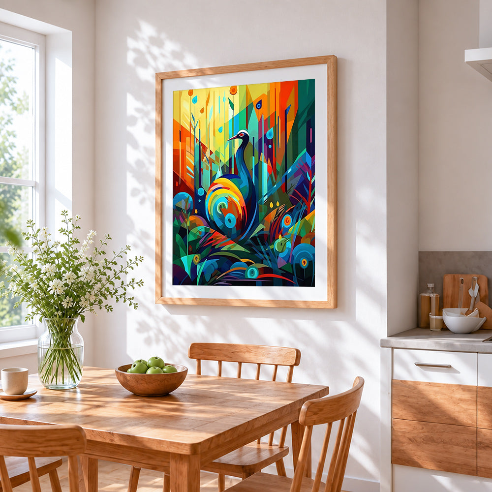 Abstract geometric peacock in forest paint by numbers artwork displayed on wall as home decor
