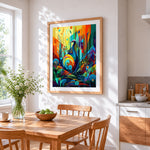 Abstract geometric peacock in forest paint by numbers artwork displayed on wall as home decor