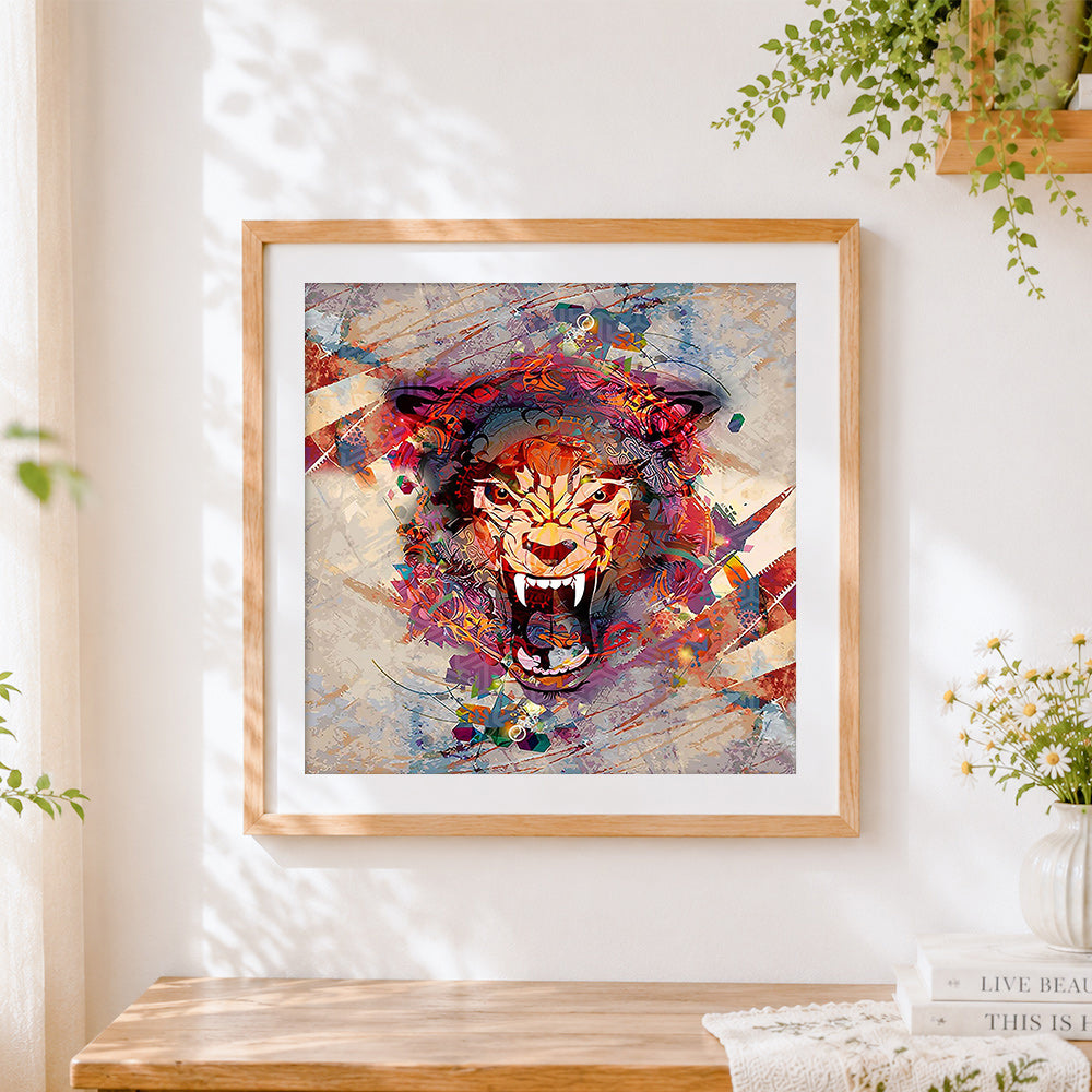 Finished abstract geometric tiger head cross stitch artwork displayed