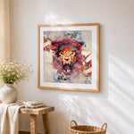Abstract geometric tiger head cross stitch artwork displayed on wall as home decor