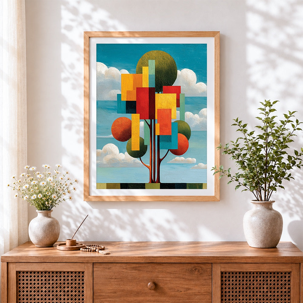 Finished abstract geometric tree cross stitch artwork displayed