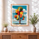 Finished abstract geometric tree cross stitch artwork displayed
