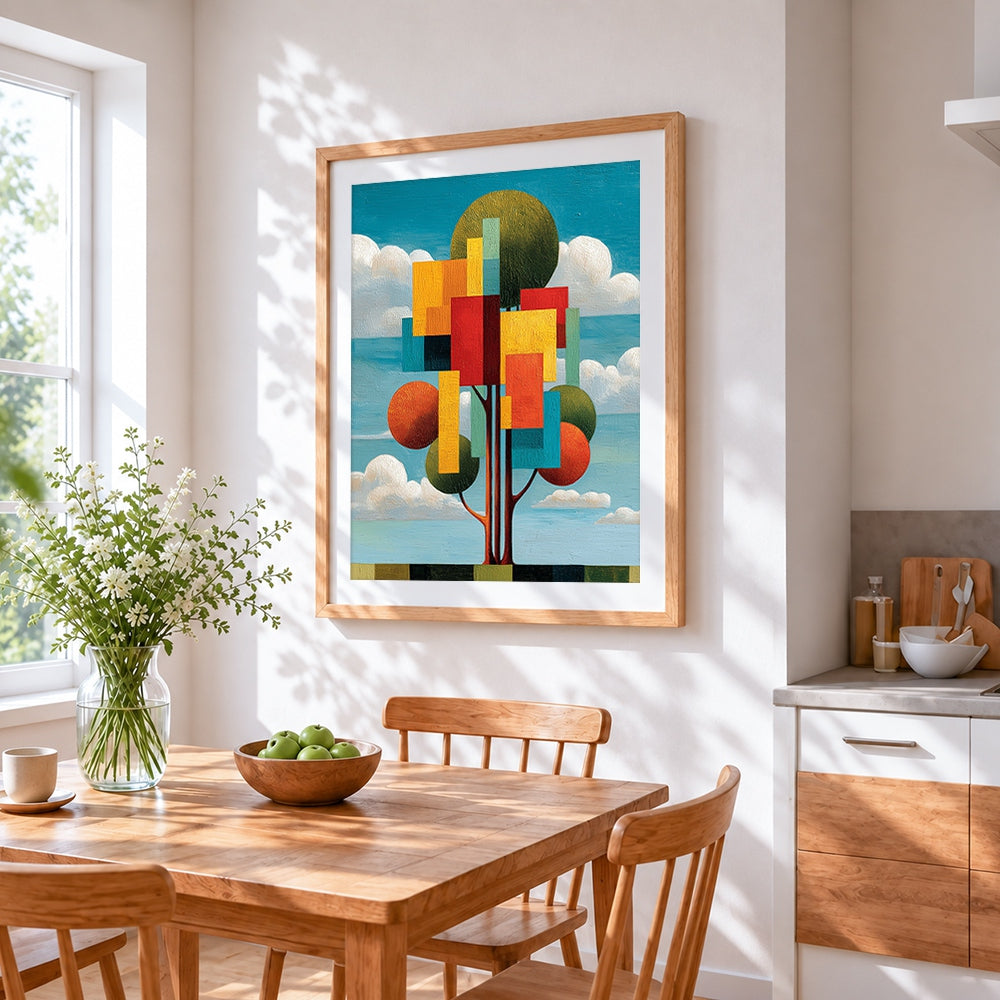 Abstract geometric tree cross stitch artwork displayed on wall as home decor