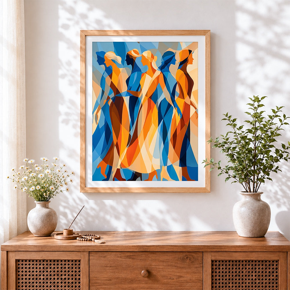 Finished abstract geometric women cross stitch artwork displayed