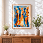 Finished abstract geometric women cross stitch artwork displayed