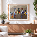 Finished abstract geometric zebras cross stitch artwork displayed