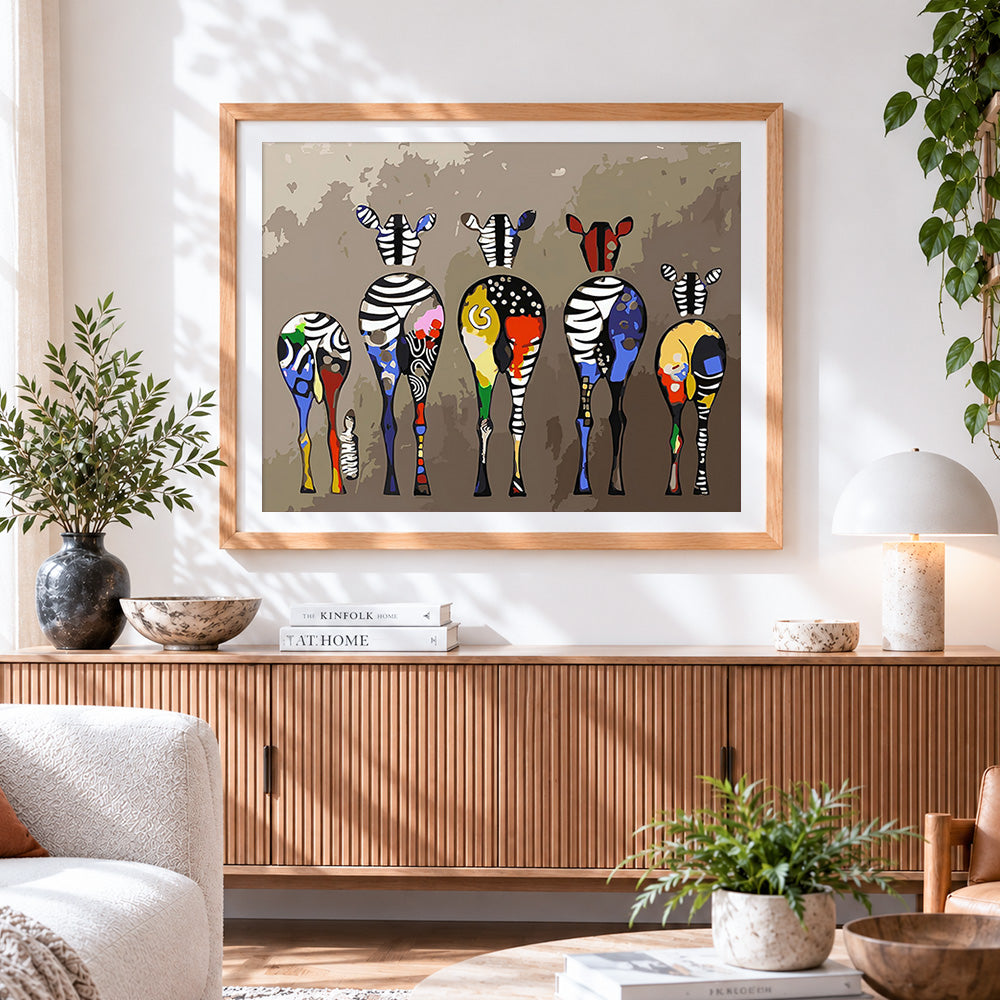 Finished abstract geometric zebras cross stitch artwork displayed