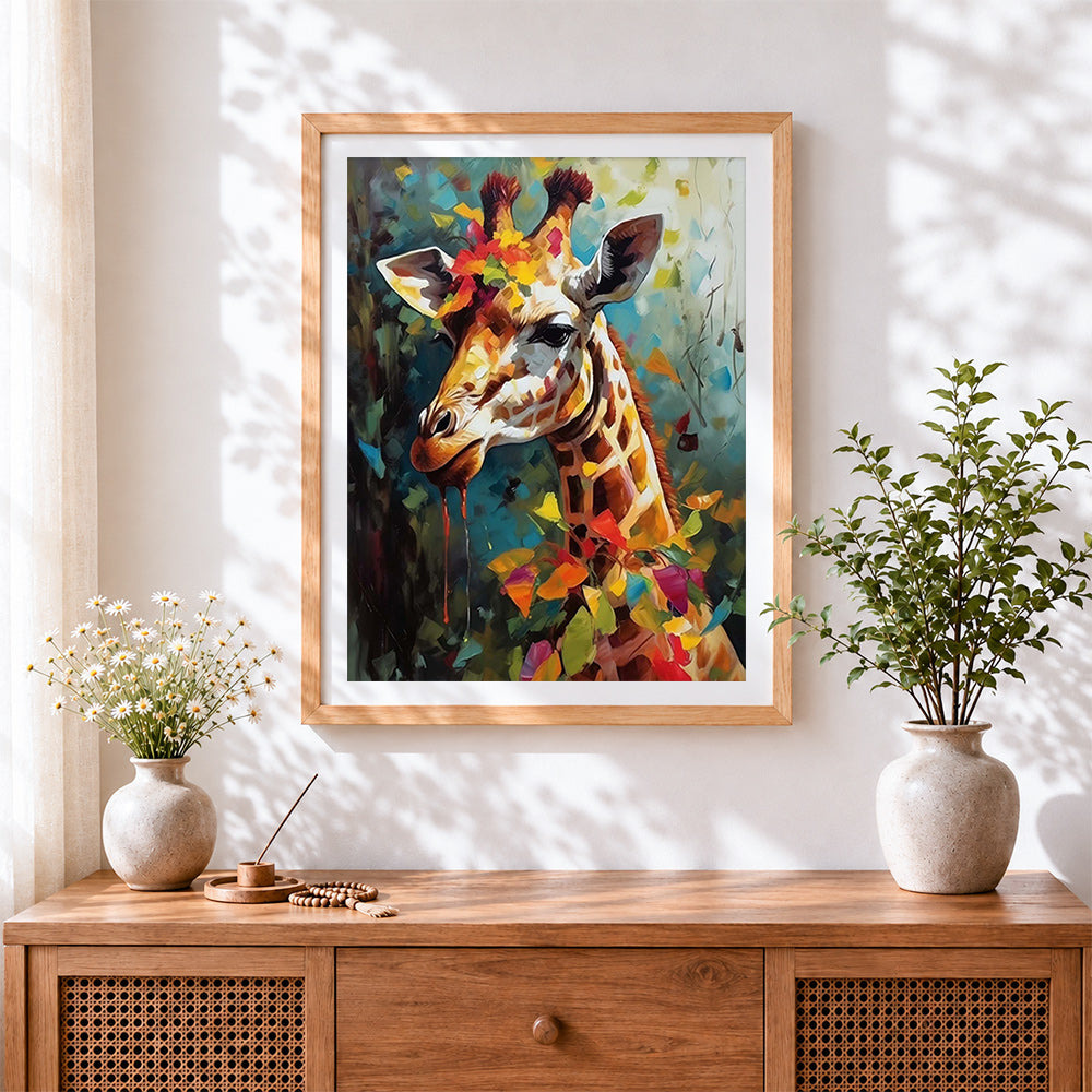 Finished abstract giraffe with colourful leaves cross stitch artwork displayed