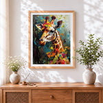 Finished abstract giraffe with colourful leaves cross stitch artwork displayed