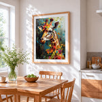 Abstract giraffe with colourful leaves cross stitch artwork displayed on wall as home decor