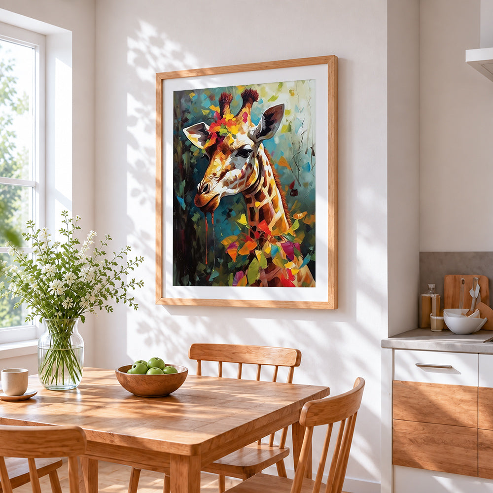 Abstract giraffe with colourful leaves cross stitch artwork displayed on wall as home decor