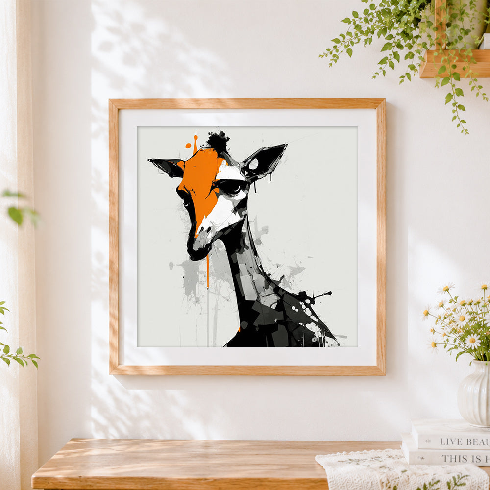 Finished abstract giraffe with orange splash cross stitch artwork displayed