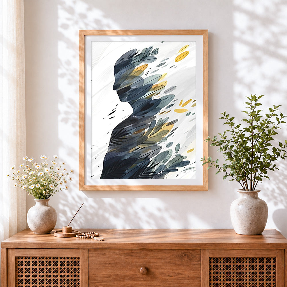 Finished abstract leaf silhouette cross stitch artwork displayed