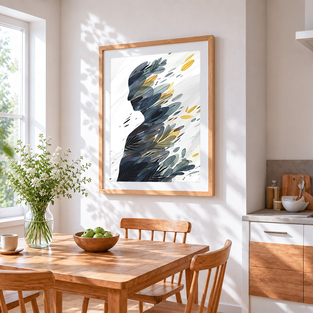 Abstract leaf silhouette cross stitch artwork displayed on wall as home decor