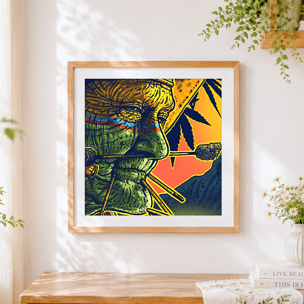 Finished abstract old woman illustration cross stitch artwork displayed