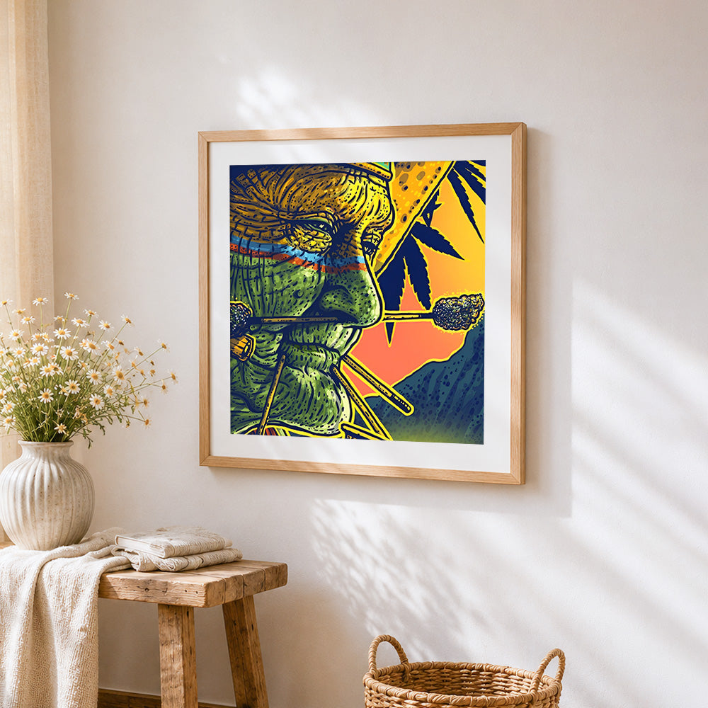 Abstract old woman illustration cross stitch artwork displayed on wall as home decor