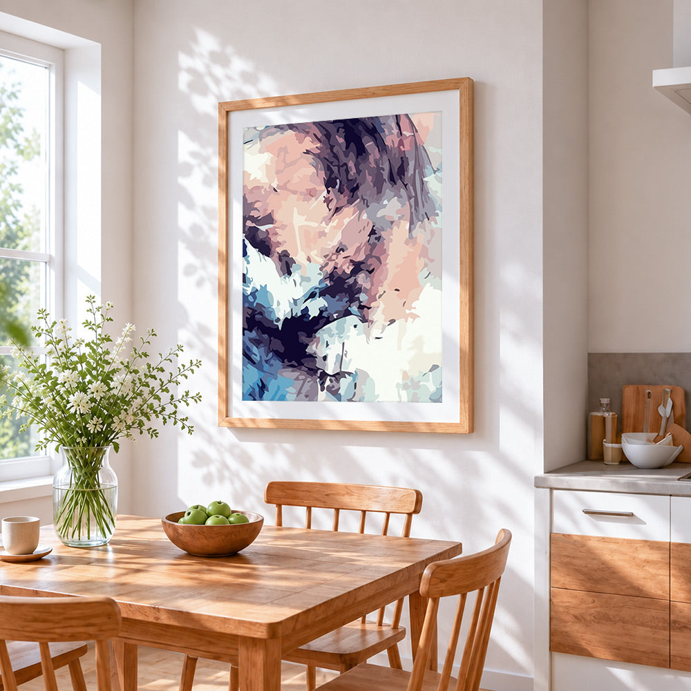 Abstract pastel cloud cross stitch artwork displayed on wall as home decor