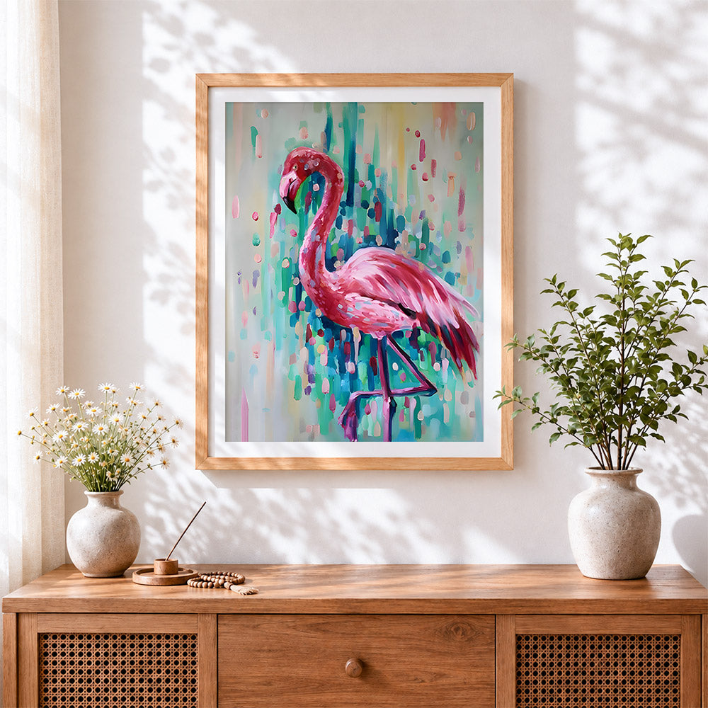 Finished abstract pink flamingo cross stitch artwork displayed