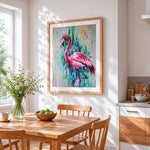 Abstract pink flamingo paint by numbers artwork displayed on wall as home decor