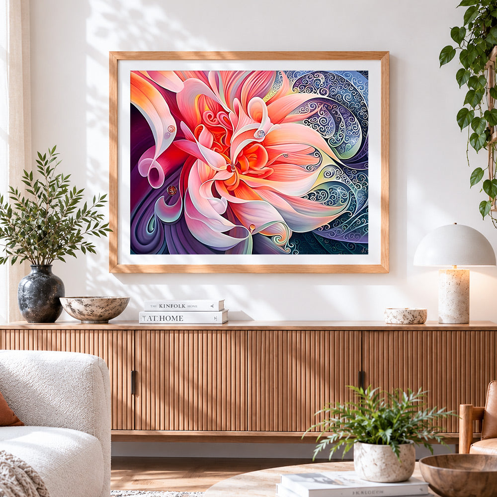 Finished abstract pink flower with swirls cross stitch artwork displayed