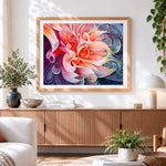 Finished abstract pink flower with swirls paint by numbers artwork displayed as home decor