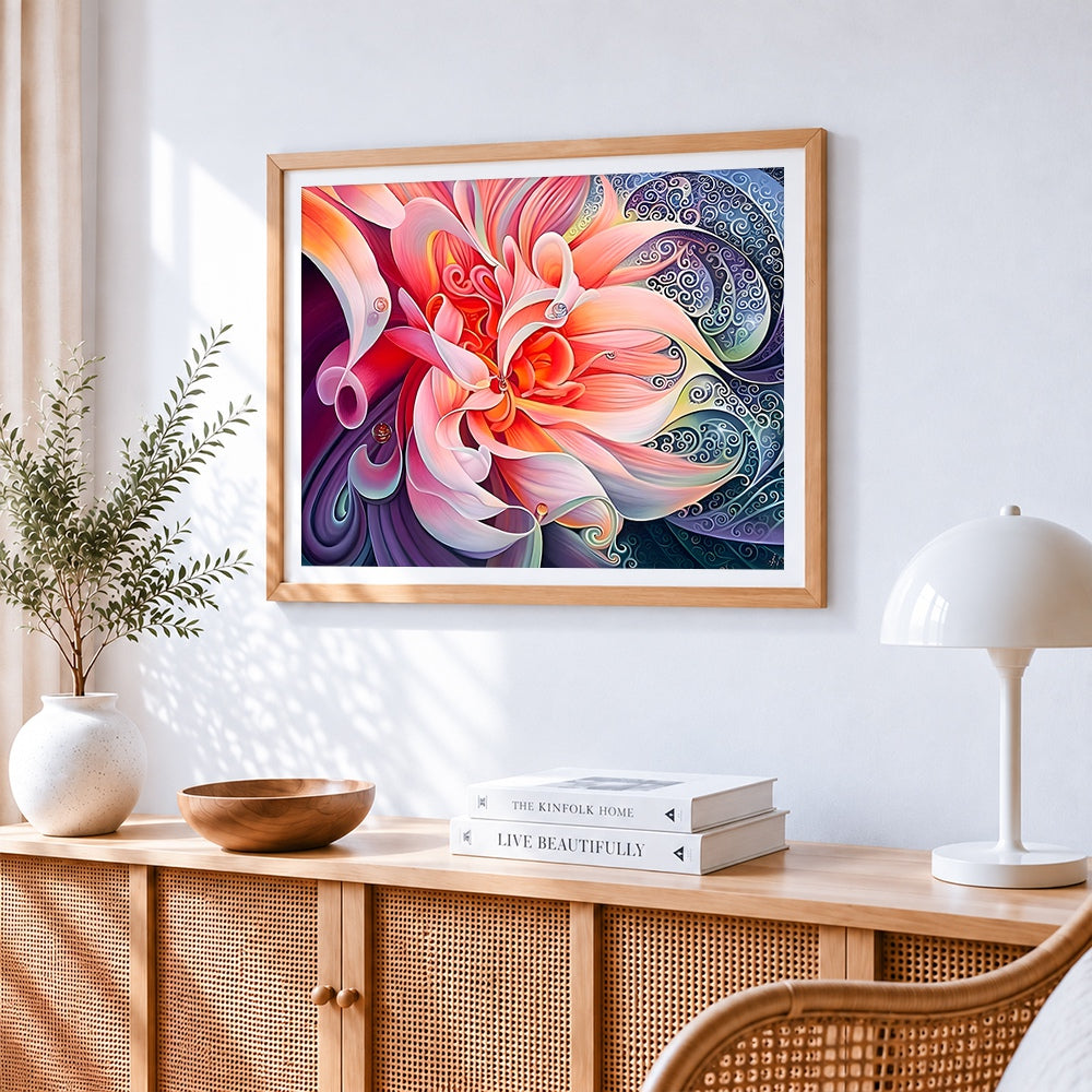 Abstract pink flower with swirls paint by numbers artwork displayed on wall as home decor