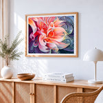 Abstract pink flower with swirls paint by numbers artwork displayed on wall as home decor