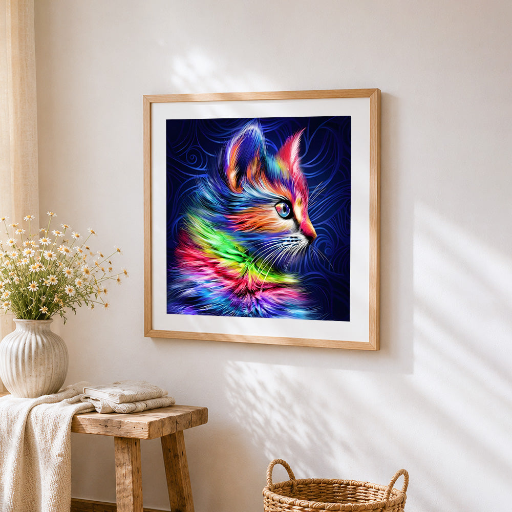 Abstract rainbow cat profile cross stitch artwork displayed on wall as home decor