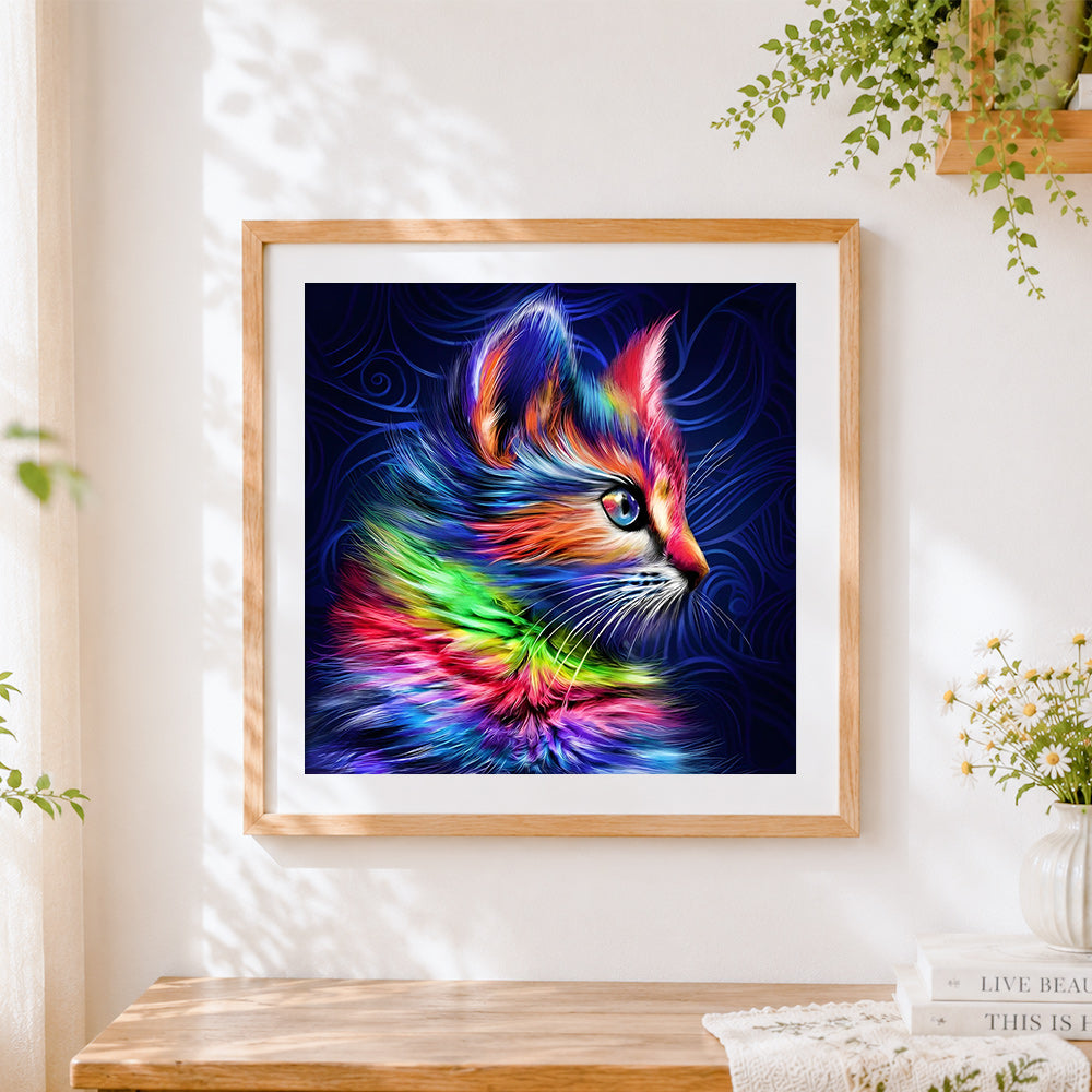 Finished abstract rainbow cat profile paint by numbers artwork displayed as home decor
