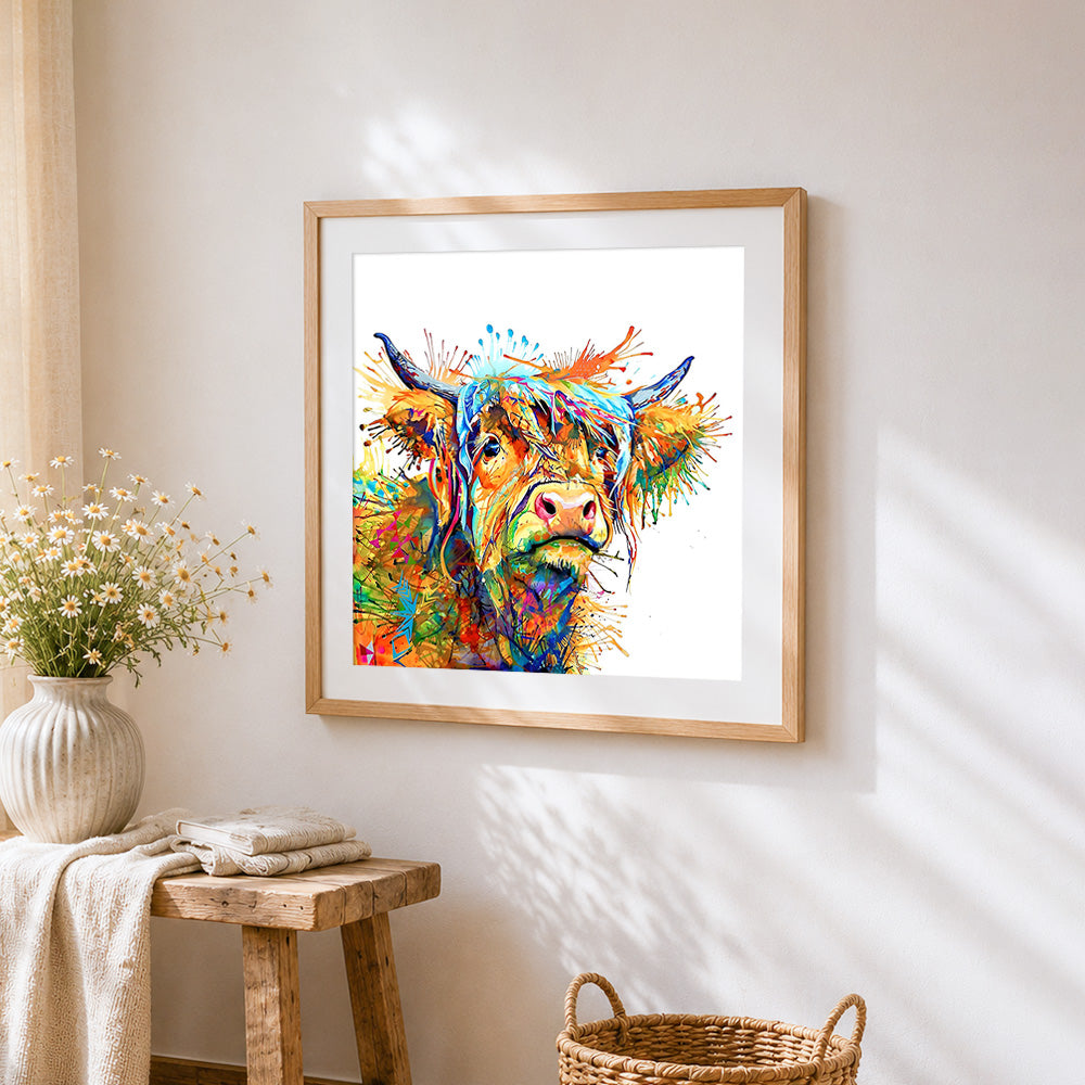 Abstract rainbow highland cow cross stitch artwork displayed on wall as home decor