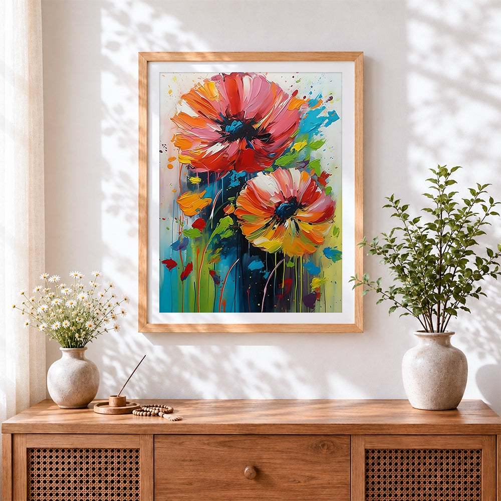 Finished abstract red and orange poppies cross stitch artwork displayed