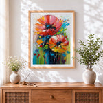 Finished abstract red and orange poppies cross stitch artwork displayed