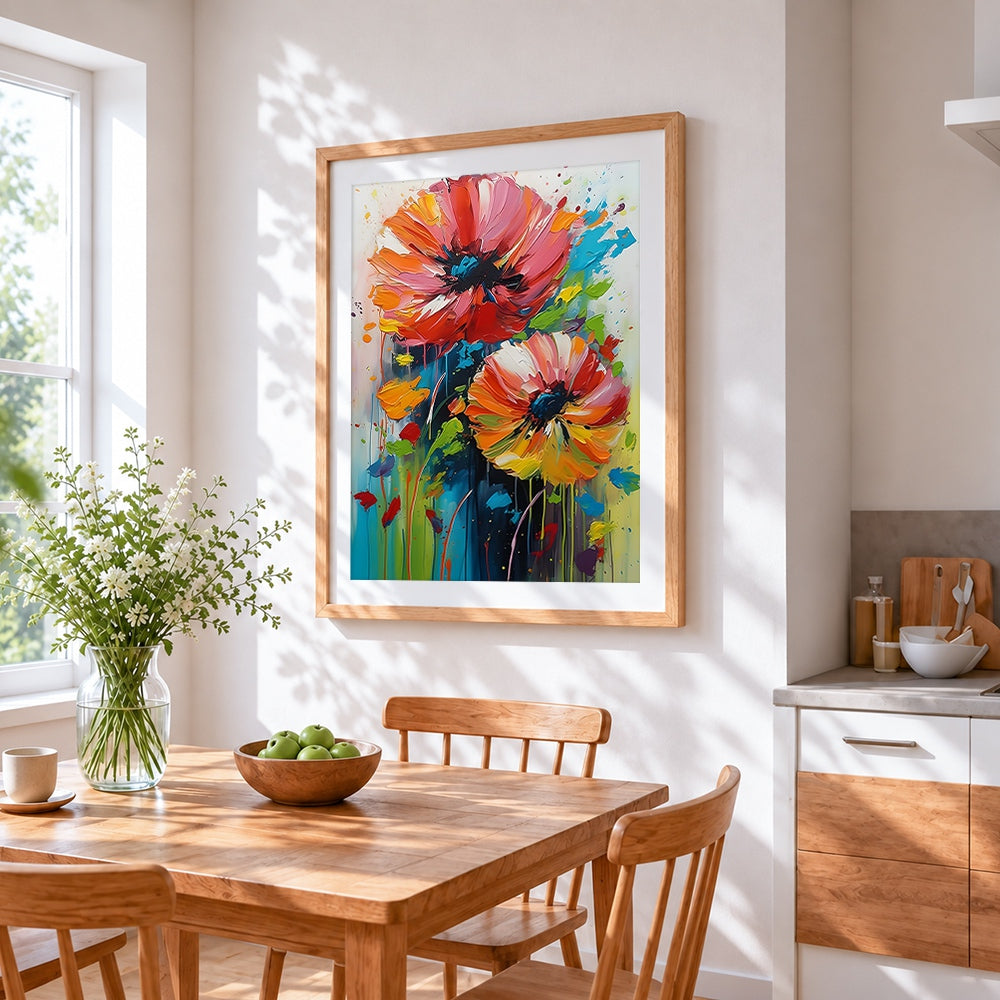 Abstract red and orange poppies cross stitch artwork displayed on wall as home decor