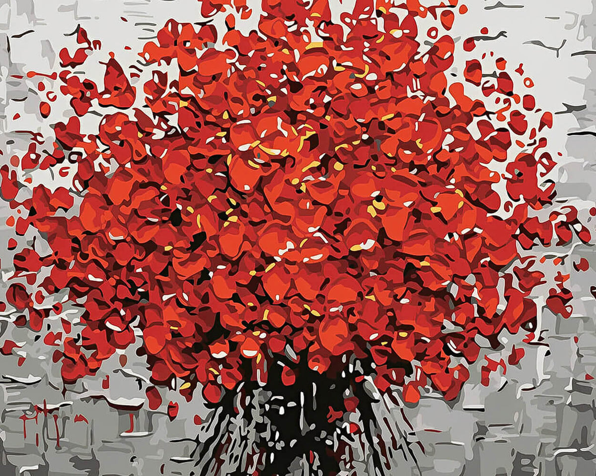 Abstract red tree on grey background cross stitch kit for beginners