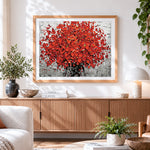 Finished abstract red tree on grey background paint by numbers artwork displayed as home decor
